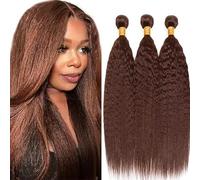 Hxxcoup 24 26 28 Inch Natural Hair Extensions Human Hair Bundle Yaki Wave Human Hair Bundles for Sew #4 Chocolate Brown Color Double Weft Extensions for Women Minimal Smell Low Tangle