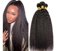 Hxxcoup 26 28 30 Inch Human Hair Extensions Cabello Humano Yaki Straight Human Hair Bundles Double Weft 1B Natural Black Unprocessed Real Virgin Hair Minimal Tangle 3 Bundle Total 300g