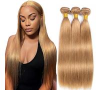Hxxcoup #27 Honey Blonde Straight Human Hair Bundles Double Weft Unprocessed Brazilian Remy Hair Extensions Premium Cabello humano With Minimal Tangle 28 30 32 Inch For Women
