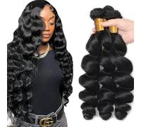 Hxxcoup 28 30 32 Inch Loose Wave Bundles Human Hair Extension Tissage Cabello Humano Double Weft Brazilian Virgin Hair 1B Natural Black Minimal Tangle&Shedding 3 Bundles Total 300g
