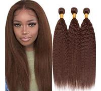 Hxxcoup 28 30 32 Inch Natural Hair Extensions Human Hair Bundle Yaki Wave Human Hair Bundles for Sew #4 Chocolate Brown Color Double Weft Extensions for Women Minimal Smell Low Tangle