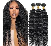 Hxxcoup 28 30 32 Pulgada Cabello Humano Human Hair Bundles Deep Wave Hair Extension Double Weft 1B Natural Black Unprocessed Brazilian Virgin Hair Minimal Tangle for Woman 3 Bundle Total 300g