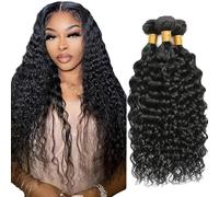 Hxxcoup 28 30 32 Pulgada Extension Humano Cabello Human Hair Bundles Water Wave Double Weft 1B Natural Black Minimal Tangle Unprocessed Brasileñ Virgin Hair for Woman 3 Bundle Total 300g