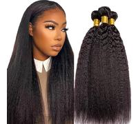Hxxcoup 28 30 32 Pulgada Human Hair Extensions Cabello Humano Yaki Straight Human Hair Bundles Double Weft 1B Natural Black Unprocessed Real Virgin Hair Minimal Tangle 3 Bundle Total 300g