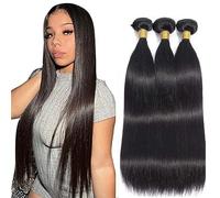 Hxxcoup 30 32 34 Inch Extension Humano Cabello Human Hair Bundles Straight Double Weft 1B Natural Black Minimal Tangle Unprocessed Brasileñ Virgin Hair for Woman 3 Bundle Total 300g