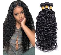 Hxxcoup 30 32 34 Inch Extension Humano Cabello Human Hair Bundles Water Wave Double Weft 1B Natural Black Minimal Tangle Unprocessed Brasileñ Virgin Hair for Woman 3 Bundle Total 300g