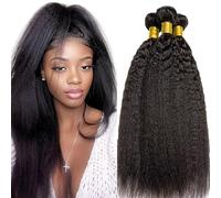 Hxxcoup Bundles Human Hair Bundles Kinky Straight Paquetes De Cabello Humano Real Hair Natural Black Double Weft 100g/pc 300g Total 100% Brazilian Remy Hair 26 28 30 Inch