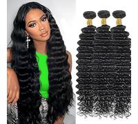 Hxxcoup Cabello Humano Human Hair Bundles Deep Wave Hair Extension Double Weft 1B Natural Black Unprocessed Brazilian Virgin Hair Minimal Tangle for Woman 3 Bundle Total 300g 12 14 16 Inch