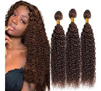 Hxxcoup Curly Wave Human Hair Bundles Extensiones de Cortinas Pelo Natural 100% Unprocessed 8A Brazilian Real Remy Hair #4 Chocolate Brown for Women No Smell No Tangle 26 28 30 Inches