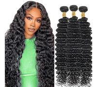 Hxxcoup Extension Humano Cabello Human Hair Bundles Deep Wave Double Weft 1B Natural Black Minimal Tangle Unprocessed Brasileñ Virgin Hair for Woman 3 Bundle Total 300g 20 22 24 Pulgada