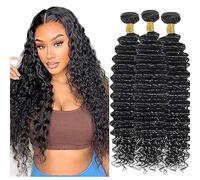 Hxxcoup Extension Humano Cabello Human Hair Bundles Deep Wave Double Weft 1B Natural Black Minimal Tangle Unprocessed Brasileñ Virgin Hair for Woman 3 Bundle Total 300g 14 16 18 Inch