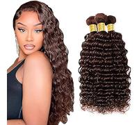 Hxxcoup Extension Humano Cabello Human Hair Bundles Deep Wave Double Weft #4 Chocolate Brown Minimal Tangle Unprocessed Brasileñ Virgin Hair for Woman 3 Bundle Total 300g 14 16 18 Inch