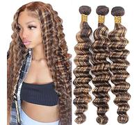 Hxxcoup Extension Humano Cabello Human Hair Bundles Deep Wave Double Weft p427 Highlight Blonde Minimal Tangle Unprocessed Brasileñ Virgin Hair 3 Bundle Total 300g 12 14 16 Pulgada