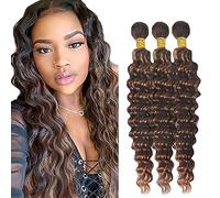 Hxxcoup Extension Humano Cabello Human Hair Bundles Deep Wave Double Weft p430 Highlight Brown Minimal Tangle Unprocessed Brasileñ Virgin Hair 3 Bundle Total 300g 12 14 16 Pulgada