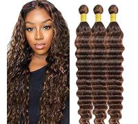 Hxxcoup Extension Humano Cabello Human Hair Bundles Deep Wave Double Weft p430 Highlight Brown Minimal Tangle Unprocessed Brasileñ Virgin Hair 3 Bundle Total 300g 16 18 20 Pulgada