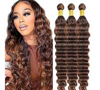 Hxxcoup Extension Humano Cabello Human Hair Bundles Deep Wave Double Weft p430 Highlight Brown Minimal Tangle Unprocessed Brasileñ Virgin Hair 3 Bundle Total 300g 14 16 18 Inch