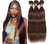 Hxxcoup Extension Humano Cabello Human Hair Bundles Straight Double Weft #4 Chocolate Brown Minimal Tangle Unprocessed Brasileñ Virgin Hair for Woman 3 Bundle Total 300g 14 16 18 Inch