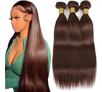 Hxxcoup Extension Humano Cabello Human Hair Bundles Straight Double Weft #4 Chocolate Brown Minimal Tangle Unprocessed Brasileñ Virgin Hair for Woman 3 Bundle Total 300g 18 20 22 Inch