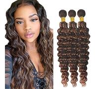 Hxxcoup Extensiones de cabello humano natural de 24 a 26 a 28 pulgadas, cabello natural ondulado, brasileño, virgin, humano, resaltado, marrón, doble trama para mujer, 3 paquetes, total 300 g