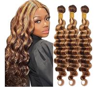 Hxxcoup Extensiones de cabello humano natural de 26 a 28 a 30 pulgadas, cabello humano brasileño, ondulado profundo, ondulado, rubio, doble trama para mujer, 3 paquetes, total 300 g
