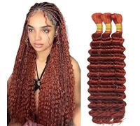 Hxxcoup Human Braiding Hair for Boho Braids Deep Wave Bulk Total 150g 3 Bundles 12 12 12 Inch Human Hair Extension Cabello Humano Unprocessed No Weft #33 Reddish Brown for Women