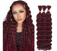Hxxcoup Human Braiding Hair for Boho Braids Deep Wave Bulk Total 150g 3 Bundles 12 12 12 Inch Human Hair Extension Cabello Humano Unprocessed No Weft #99J Burgundy for Women