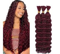 Hxxcoup Human Braiding Hair for Boho Braids Deep Wave Bulk Total 150g 3 Bundles 14 14 14 Inch Human Hair Extension Cabello Humano Unprocessed No Weft #99J Burgundy for Women