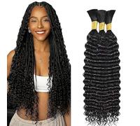 Hxxcoup Human Braiding Hair for Boho Braids Deep Wave Bulk Total 150g 3 Bundles 16 16 16 Inch Human Hair Extension Cabello Humano Unprocessed No Weft Nautral Black Color for Women
