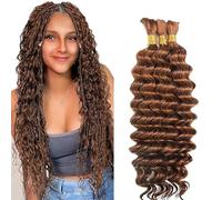 Hxxcoup Human Braiding Hair for Boho Braids Deep Wave Bulk Total 150g 3 Bundles 22 22 22 Inch Human Hair Extension Cabello Humano Unprocessed No Weft #30 Light Brown for Women