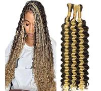 Hxxcoup Human Braiding Hair for Boho Braids Deep Wave Bulk Total 150g 3 Bundles 24 24 24 Inch Human Hair Extension Cabello Humano Unprocessed No Weft P4/613 Highlight Blond for Women
