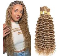 Hxxcoup Human Braiding Hair for Boho Braids Deep Wave Bulk Total 150g 3 Bundles 24 24 24 Inch Human Hair Extension Cabello Humano Unprocessed No Weft #27 Blonde Color for Women