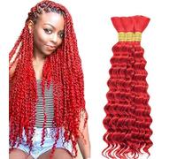 Hxxcoup Human Braiding Hair for Boho Braids Deep Wave Bulk Total 150g 3 Bundles 24 24 24 Inch Human Hair Extension Cabello Humano Unprocessed No Weft Red Color for Women