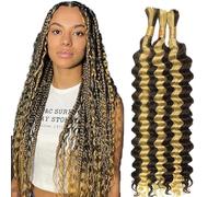 Hxxcoup Human Braiding Hair for Boho Braids Deep Wave Bulk Total 150g 3 Bundles 26 26 26 Inch Human Hair Extension Cabello Humano Unprocessed No Weft P4/613 Highlight Blond for Women