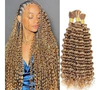 Hxxcoup Human Braiding Hair for Boho Braids Deep Wave Bulk Total 150g 3 Bundles 26 26 26 Inch Human Hair Extension Cabello Humano Unprocessed No Weft #27 Blonde Color for Women