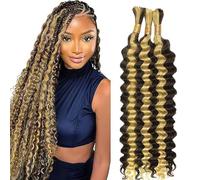 Hxxcoup Human Braiding Hair for Boho Braids Deep Wave Bulk Total 150g 3 Bundles 28 28 28 Inch Human Hair Extension Cabello Humano Unprocessed No Weft P4/613 Highlight Blond for Women