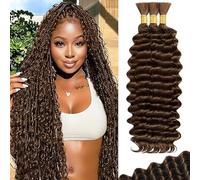 Hxxcoup Human Braiding Hair for Boho Braids Deep Wave Bulk Total 150g 3 Bundles 28 28 28 Inch Human Hair Extension Cabello Humano Unprocessed No Weft #4 Chocolate Brown for Women