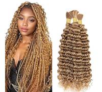 Hxxcoup Human Braiding Hair for Boho Braids Deep Wave Bulk Total 150g 3 Bundles 28 28 28 Inch Human Hair Extension Cabello Humano Unprocessed No Weft #27 Blonde Color for Women