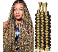 Hxxcoup Human Braiding Hair for Boho Braids Deep Wave Bulk Total 150g 3 Bundles 30 30 30 Inch Human Hair Extension Cabello Humano Unprocessed No Weft P4/613 Highlight Blond for Women