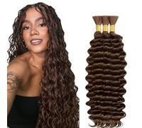 Hxxcoup Human Braiding Hair for Boho Braids Deep Wave Bulk Total 150g 3 Bundles 32 32 32 Inch Human Hair Extension Cabello Humano Unprocessed No Weft #4 Chocolate Brown for Women