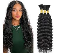 Hxxcoup Human Braiding Hair for Boho Braids Deep Wave Bulk Total 150g 3 Bundles 34 34 34 Inch Human Hair Extension Cabello Humano Unprocessed No Weft Nautral Black Color for Women