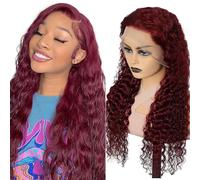 Hxxcoup Human Hair Wig #99j Burgundy Deep Wave 13X4 Lace Front Peluca de mujer de pelo real peluca de alta artesanía peluca Glueless Wig For Women 22 Zoll