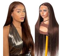 Hxxcoup Human Hair Wig Straight #4 Chocolate Brown 13x4 Lace Front Pelucas Cabello Natural Pelucas Para Mujer Glueless Wear and Go Blenched Knots with Baby Hair for Woman Minimal Smell 34 Inch