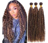 Hxxcoup P4/30 Highlight Brown Kinky Curly Human Hair Bundles Double Weft Unprocessed Brazilian Remy Hair Extensions Premium Cabello humano With Minimal Tangle 22 24 26 Inch For Women