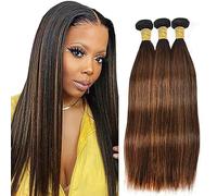 Hxxcoup P4/30 Highlight Brown Straight Human Hair Bundles Double Weft Unprocessed Brazilian Remy Hair Extensions Premium Cabello humano With Minimal Tangle 26 28 30 Inch For Women