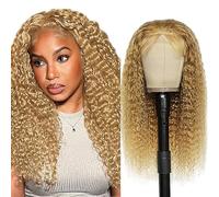 Hxxcoup Pelucas Cabello Natural 13x1 Lace Human Hair Wig #27 Blonde Curly Wave Pre Plucked Hairline with Baby Hair Unprocessed Hair Transparent Lace for Women Minimal Smell 18 Inch