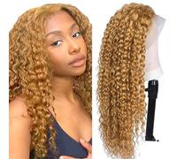 Hxxcoup Pelucas Cabello Natural 13x4 Lace Human Hair Wig #27 Blonde Curly Wave Pre Plucked Hairline with Baby Hair Unprocessed Hair Transparent Lace for Women Minimal Smell 26 Inch