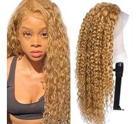Hxxcoup Pelucas Cabello Natural 13x4 Lace Human Hair Wig #27 Blonde Curly Wave Pre Plucked Hairline with Baby Hair Unprocessed Hair Transparent Lace for Women Minimal Smell 16 Inch