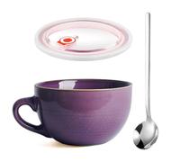 HXXWEUS Taza de Café Grande, 700 ml Bol Grande de Cereales con Asa, Taza de Café Capuchino, Ensaladera, Reutilizable Cuenco de Cerámica para Sopa Con Tapa y Cuchara, Para Cafeterías(Violeta)