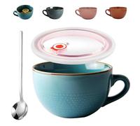 HXXWEUS Tazas Grandes de Cerámica, Taza de Cerámica, Bol de Cereales con Asa, Taza de Gres, Ensaladera, Bol de Regalo, con Tapa y Cuchara, Apto para Microondas y Horno Lavavajillas(Azul)