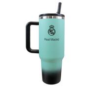 Hy-Pro Botella térmica con licencia oficial del Real Madrid de 1,134.0 g, botella de agua con popote y asa integrados, taza de viaje aislada de doble pared, acero inoxidable, sin BPA, gran idea de
